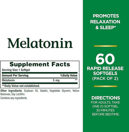 Nature's Bounty Melatonin 5mg, 100% Drug Free Sleep Aid, Dietary Supplement for Relaxation and Sleep Health - 4 Month Supply, 60 Rapid Release Softgels Twin Pack (120ct)