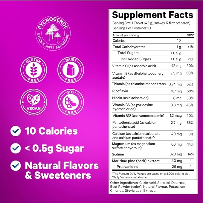 Jet Lag Relief Tablets - Berry-Flavored Effervescent Multivitamin with Pycnogenol Travel Supplement for Hydration, Energy, Immune Support and Faster Recovery - Flight Essential, 20 Tablets