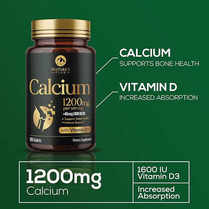 Calcium 1200 mg with Vitamin D3, Calcium Supplement Vitamins, Supports Bone Strength, Teeth & Immune System, Calcium Supplements for Women & Men, Nature's Absorbable Calcium Carbonate - 120 Tablets