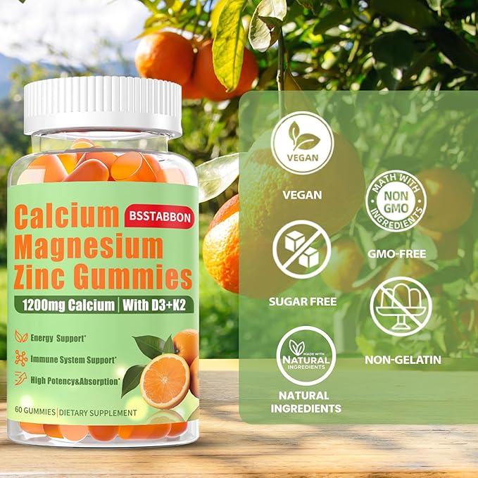 Calcium Magnesium Zinc Gummies for Adult: 1200mg Calcium Citrate 400mg Magnesium Glycinate with D3 B12 - Sugar Free High Absorption Supplement for Women Men (60 Count(Pack of 1))