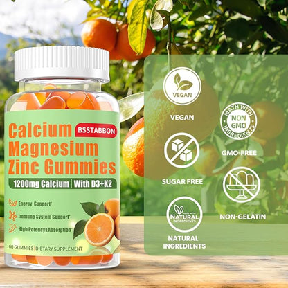 Calcium Magnesium Zinc Gummies for Adult: 1200mg Calcium Citrate 400mg Magnesium Glycinate with D3 B12 - Sugar Free High Absorption Supplement for Women Men (60 Count(Pack of 1))