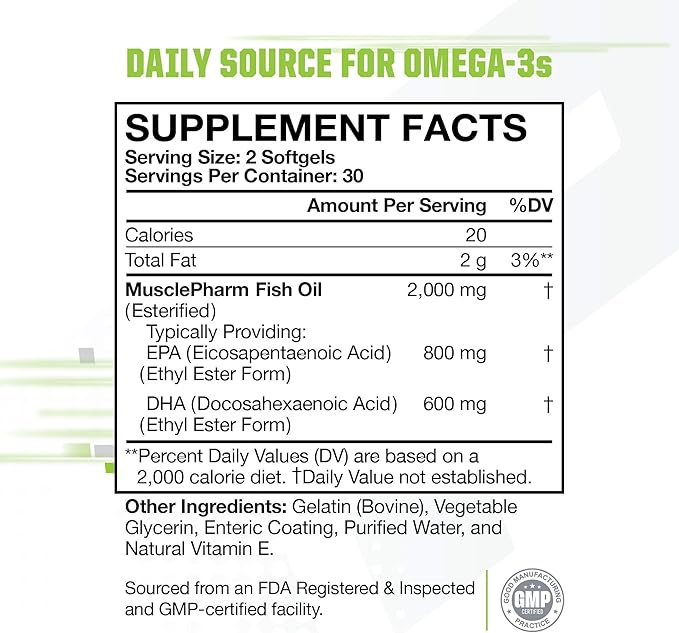 MusclePharm Essentials Fish Oil, Elite Omega 3 Supplement, Supports Joints, Muscular Performance & Recovery, Brain, Heart & Immune Health, 2000mg Omega 3 Fish Oil Per Serving, 60 Softgels, 30 Servings