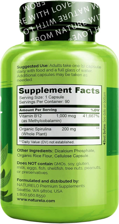 NATURELO Vegan B12 - Methyl B12 with Organic Spirulina - High Potency Vitamin B12 1000 mcg Methylcobalamin - Supports Healthy Mood, Energy, Heart & Eye Health - 90 Capsules