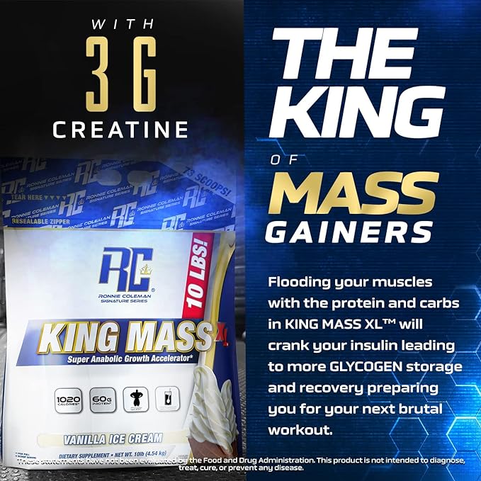 Ronnie Coleman Signature Series King Mass XL Mass Gainer Protein Powder, Muscle Gainer, 60g Protein, 180g Carbohydrates, 1,000+ Calories, Creatine and Glutamine, Cookies N' Cream, 10 Pound