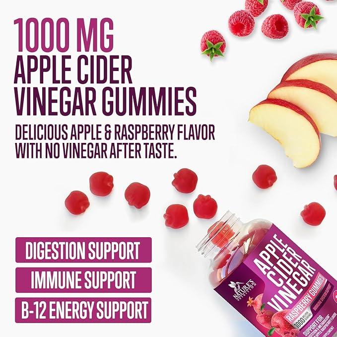 Vegan Apple Cider Vinegar Gummies 1000mg for Detox & Cleanse, ACV Gummy Vitamin B12 for Digestion Metabolism & Immune Health Support, Natural Apple Raspberry Flavor, Gluten Free - 120 Gummies