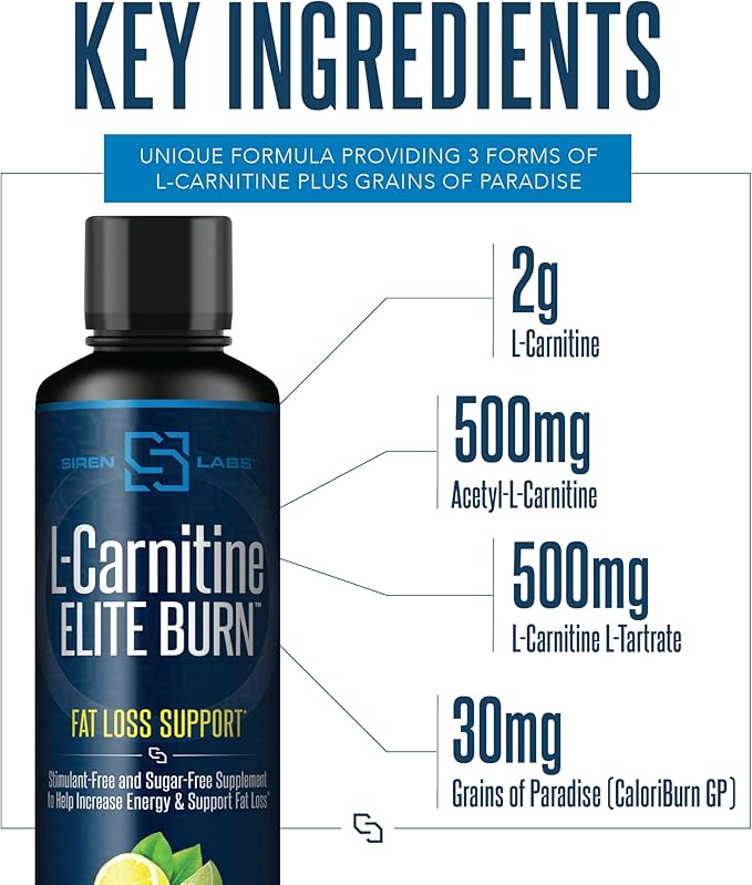 Siren Labs L-Carnitine Elite Burn Liquid Keto Fat Burner and Metabolism Activator - Fat Loss Support Keto Friendly Weight Loss Increase Energy-Stimulant Free - Lemon Lime 3000mg (32 Servings)