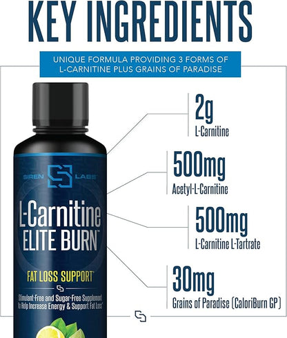 Siren Labs L-Carnitine Elite Burn Liquid Keto Fat Burner and Metabolism Activator - Fat Loss Support Keto Friendly Weight Loss Increase Energy-Stimulant Free - Lemon Lime 3000mg (32 Servings)