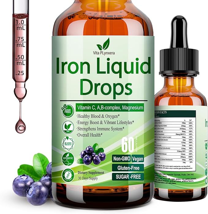 Liquid Iron Supplement for Women Men & Kids, Vegan Iron Drops with Vitamin C D, B12, B-Complex, High Potency Liquid Iron with Multivitamin for Anemia, Energy Support, Blood, Magnesium Iron Gentle