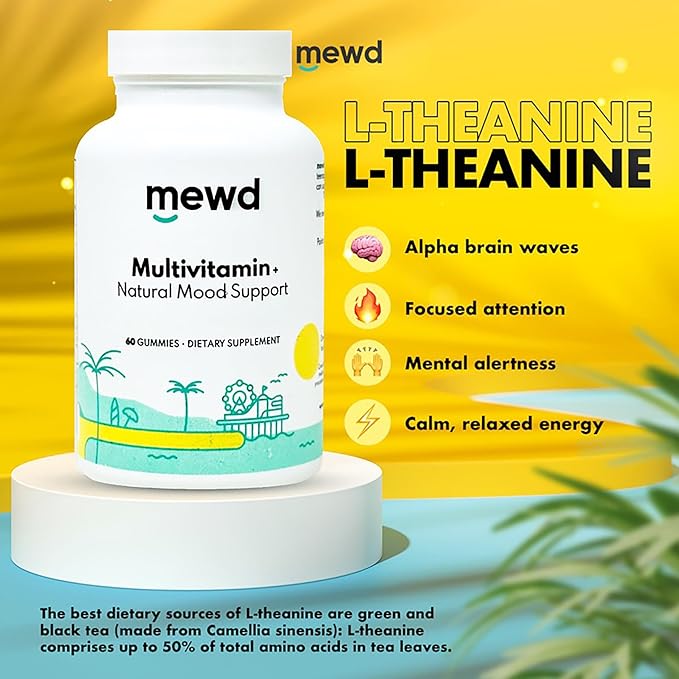 MEWD Adult Daily Multivitamin Gummy which Includes L-Theanine, Iron, Essential Vitamins, Vegan, Gluten Free, 60 Count