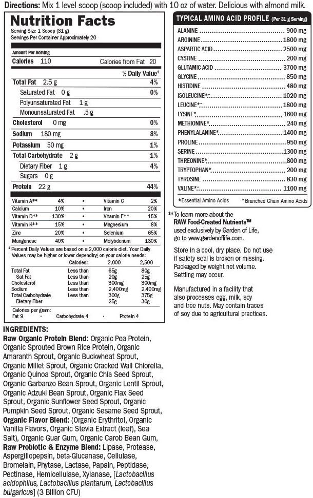Garden of Life Raw Organic Protein Vanilla Powder, 20 Servings - Certified Vegan, Gluten Free, Organic, Non-GMO, Plant Based Sugar Free Protein Shake with Probiotics & Enzymes, 4g BCAAs, 22g Protein