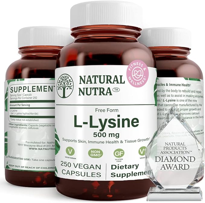 Natural Nutra L Lysine HCl, Promotes Bone Health and Growth, Improve Calcium Absorption, Non-GMO, Vegan, 500 mg, 250 Capsules.
