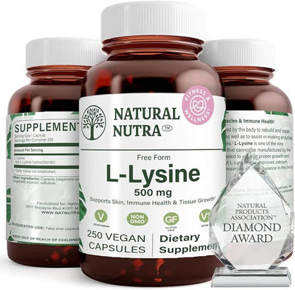 Natural Nutra L Lysine HCl, Promotes Bone Health and Growth, Improve Calcium Absorption, Non-GMO, Vegan, 500 mg, 250 Capsules.