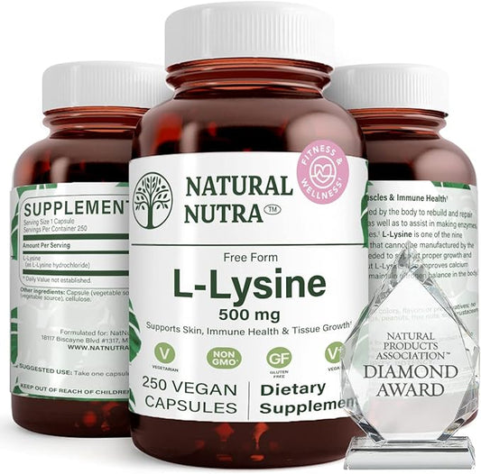 Natural Nutra L Lysine HCl, Promotes Bone Health and Growth, Improve Calcium Absorption, Non-GMO, Vegan, 500 mg, 250 Capsules.