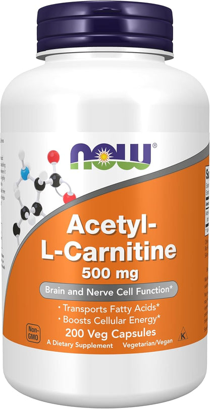 NOW Foods Supplements, Acetyl-L Carnitine 500 mg, Amino Acid, Brain And Nerve Cell Function*, 200 Veg Capsules