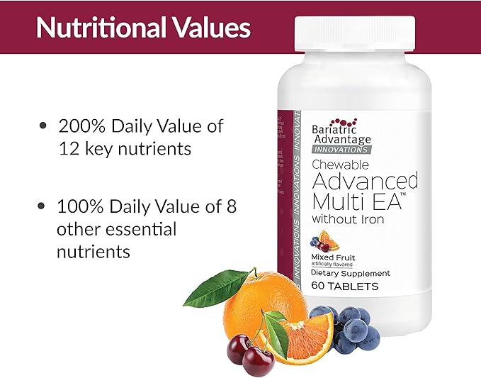 Bariatric Advantage Chewable Advanced Multi EA Without Iron, High Potency Daily Multivitamin for Bariatric Surgery Patients Including Gastric Bypass, Sleeve Gastrectomy, DS - Mixed Fruit, 60 Count