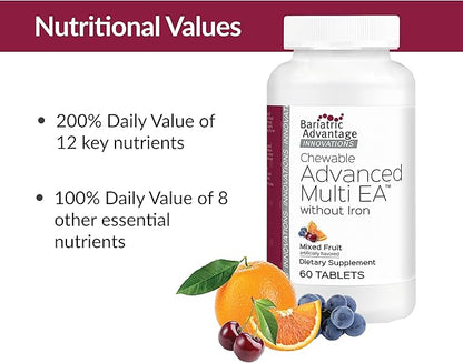 Bariatric Advantage Chewable Advanced Multi EA Without Iron, High Potency Daily Multivitamin for Bariatric Surgery Patients Including Gastric Bypass, Sleeve Gastrectomy, DS - Mixed Fruit, 60 Count
