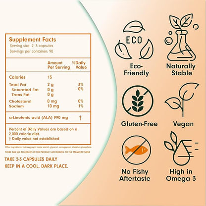 Vegan Omega 3 Capsule Supplement, Plant-Based Omega 3 Fish Oil Alternative, 90 Capsules – Cold Pressed from Clary Sage Seed – Kosher - Omega 3 Fatty Acid Supplement