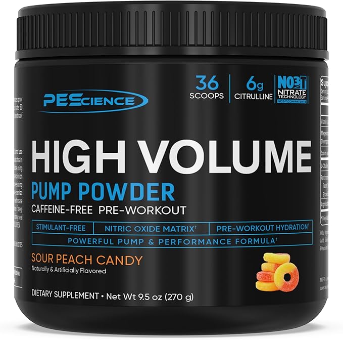 PEScience High Volume Nitric Oxide Booster Pump Pre Workout Powder, Sour Peach Candy, 36 Scoops, Caffeine Free