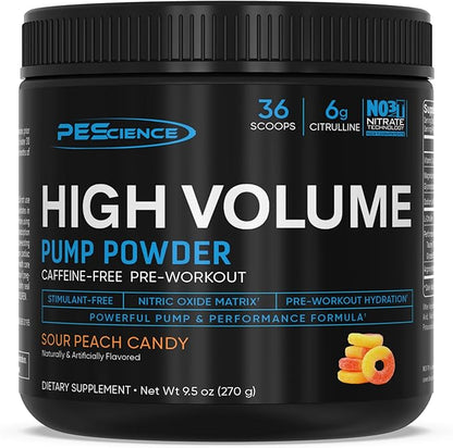 PEScience High Volume Nitric Oxide Booster Pump Pre Workout Powder, Sour Peach Candy, 36 Scoops, Caffeine Free
