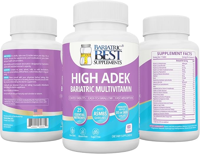 High A D E K Bariatric Multivitamin for Post DS/SADI Surgery, 25 Essential Nutrients for Post-Weight Loss Surgery, 60 Tablets, Meets ASMBS Guidelines for Bariatric Bypass