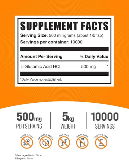 BulkSupplements.com L-Glutamic Acid HCl Powder - Amino Acids Supplement for Brain Health - Gluten Free - 500mg per Serving, Pack of 5 (5 Kilograms - 11 lbs)