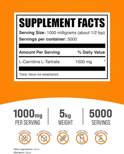 BulkSupplements.com L-Carnitine Tartrate Powder - Carnitine Supplement, L-Carnitine L-Tartrate, L Carnitine 1000mg - Unflavored & Gluten Free, 1000mg per Serving, 5kg (11 lbs) (Pack of 5)