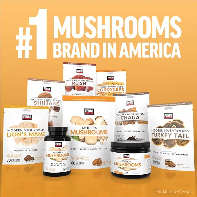 Force Factor Modern Mushrooms Powder, Mushroom Supplement to Support Energy, Focus, Immunity, & Digestion with Cordyceps, Turkey Tail, Chaga, Reishi, Lion’s Mane, Shiitake, Unflavored, 30 Servings