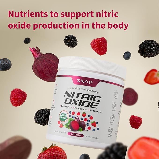 Snap Supplements USDA Organic Beet Root Powder, 3-in-1 Nitric Oxide Supplement, Support Healthy Blood Pressure and Blood Circulation, 250g (Mixed Berry)