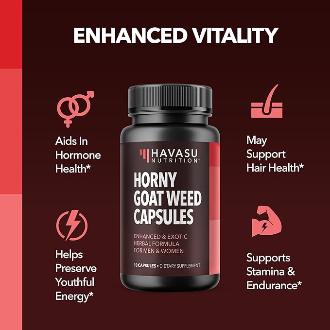 Unisex Horny Goat Weed for Men and Women - Extra Strength Performance and Energy Support with Tongkat Ali & Muira Puama & Saw Palmetto Extract - Never Travel Without Sample Size - 10 Horny Capsules