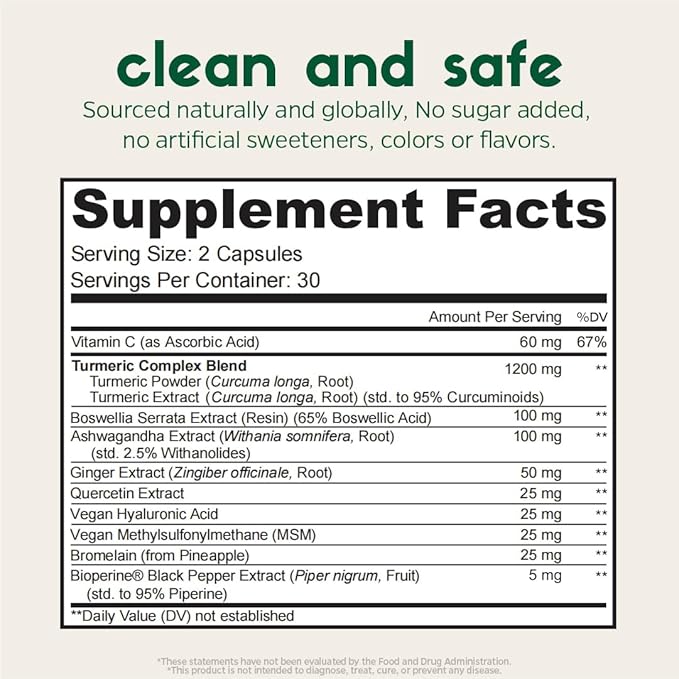 Turmeric, Vegan MSM, Boswellia, Quercetin - Vegan Joint Support Supplement, promotes joint mobility & flexibility, function & comfort, cartilage repair, smooth movement, healthy aging(60Ct/30Day)