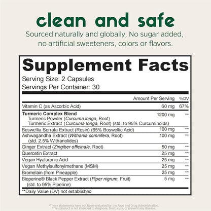 Turmeric, Vegan MSM, Boswellia, Quercetin - Vegan Joint Support Supplement, promotes joint mobility & flexibility, function & comfort, cartilage repair, smooth movement, healthy aging(60Ct/30Day)