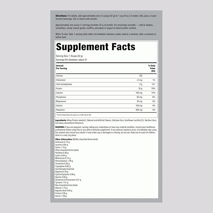 Fitness Labs Whey Protein Isolate Powder | 2lb | 35g Protein | Vanilla Flavor | with BCAAs | Non-GMO, Gluten Free Supplement