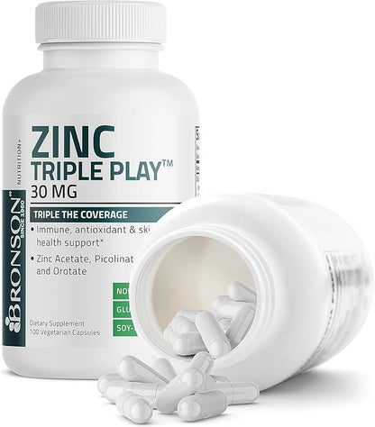 Bronson Zinc Triple Play 30 mg Triple Coverage Immune Support Zinc Supplement with Zinc Acetate, Picolinate & Orotate - Immune, Antioxidant & Skin Health Support - 100 Vegetarian Capsules