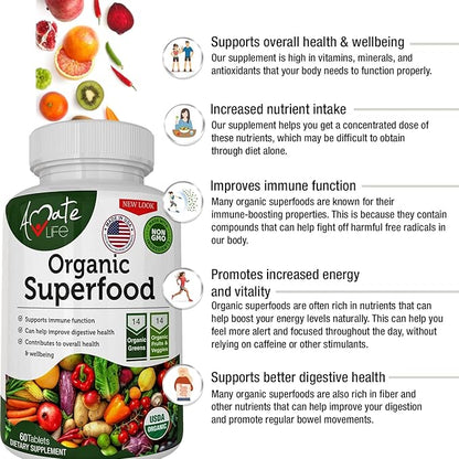 Organic Superfood Greens Fruits and Veggies Complex - Best Dietary Supplement with 14 Greens &14 Fruits & Vegetables with Alfalfa Rich in Antioxidants Organic Ingredients Non-GMO (120 Count Pack of 2)