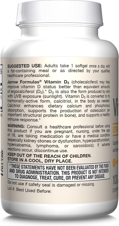 Jarrow Formulas Vitamin D3 25 mcg, Dietary Supplement, Bone and Joint, Support for Immune Health and Calcium Metabolism, 100 Softgels, 100 Day Supply
