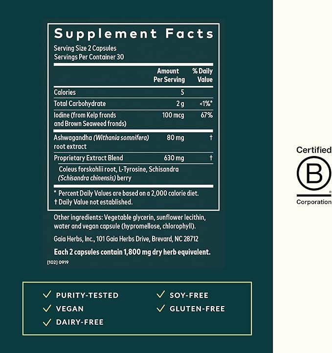 Gaia Herbs Thyroid Support - Made with Ashwagandha, Kelp, Brown Seaweed, and Schisandra to Support Healthy Metabolic Balance and Overall Well-Being - 60 Vegan Liquid Phyto-Capsules (20-Day Supply)