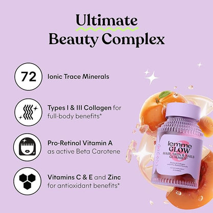 Lemme Glow Collagen Gummies for Thick Hair, Strong Nails & Healthy Skin with Multi-Collagen Peptides, Biotin, Trace Minerals, Zinc, Vitamins A, C & E, Dairy & Gluten Free, Peach Flavor, 60 ct.