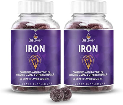 BeLive Iron Gummies - Multivitamin Iron Supplement with Vitamin C, A, B & Zinc, Supports Blood Oxygen, Vegan Iron Supplements for Women, Men & Kids for Growth and Development - Grape Flavor | 2-Pack