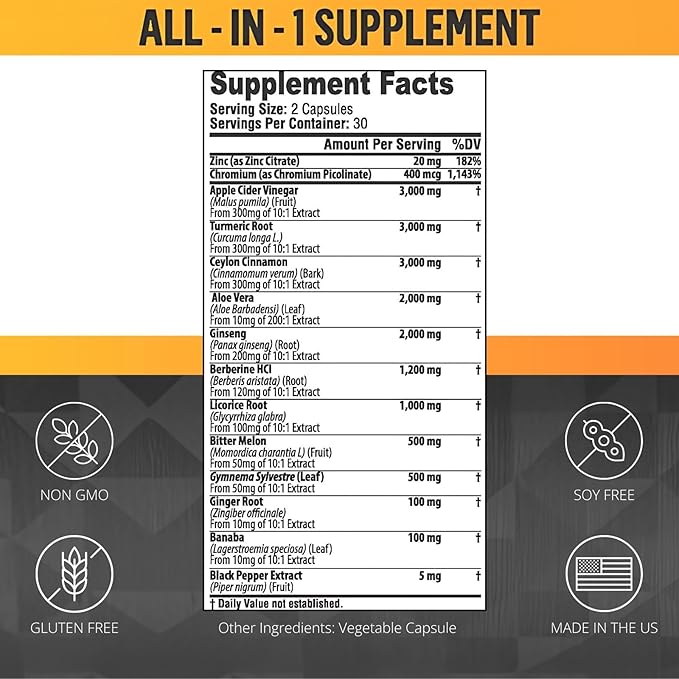 Ceylon Cinnamon Capsules 3000mg Turmeric 3000mg Apple Cider Vinegar 3000mg Ginseng 2000mg Aloe Vera 2000mg Berberine Supplement 1200mg + Banaba | Bitter Melon | Gymnema | Ginger Root - 60 Count