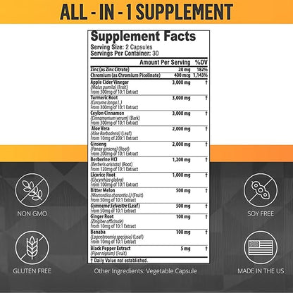 Ceylon Cinnamon Capsules 3000mg Turmeric 3000mg Apple Cider Vinegar 3000mg Ginseng 2000mg Aloe Vera 2000mg Berberine Supplement 1200mg + Banaba | Bitter Melon | Ginger Root - 60 Count (Pack of 2)