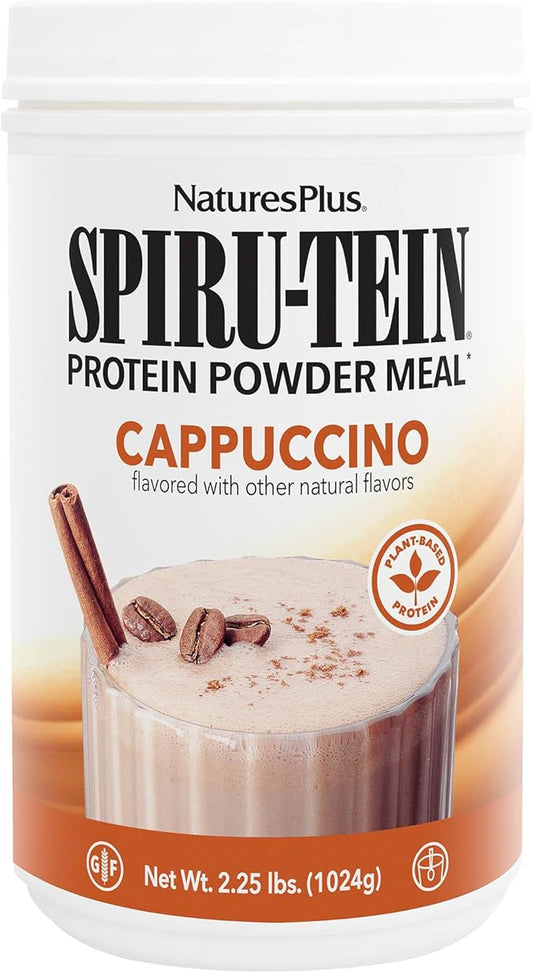 NaturesPlus SPIRU-TEIN Shake - Cappuccino Flavor - 2.25 lbs, Spirulina Protein Powder - Plant Based Meal Replacement, Vitamins & Minerals For Energy - Vegetarian - 32 Servings