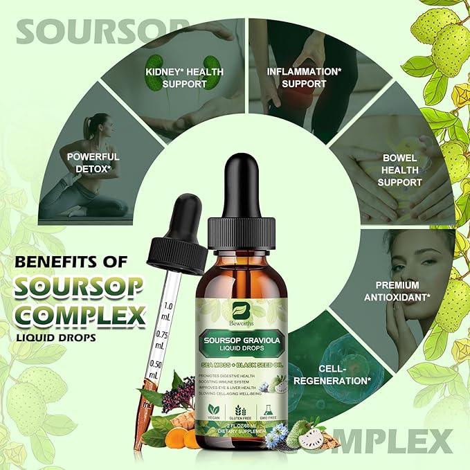 Soursop Bitters Liquid Drops, Soursop Graviola Multivitamin Drops with Sea Moss Black Seed oil Supplement - Soursop Fruit Supports Relax & Antioxidant, Slowing Cell-Aging, Immunity, Liver Health