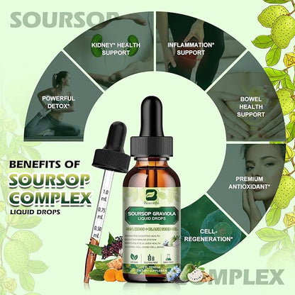 Soursop Bitters Liquid Drops, Soursop Graviola Multivitamin Drops with Sea Moss Black Seed oil Supplement - Soursop Fruit Supports Relax & Antioxidant, Slowing Cell-Aging, Immunity, Liver Health
