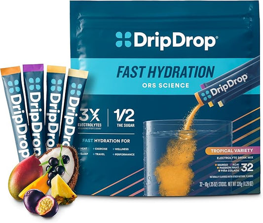 DripDrop Hydration - Tropical Variety Pack - Electrolyte Drink Mix Single Serve Hydration Powder Packets - Mango, Açaí, Passion Fruit, Piña Colada | Non-GMO, Gluten Free, Vegan | 32 Sticks