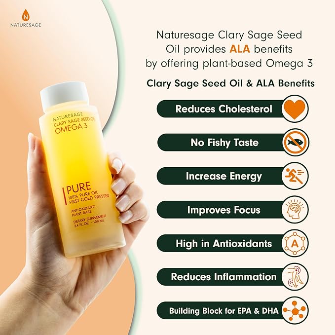 Pure Vegan Liquid Omega 3 Oil, Plant-Based Alternative to Omega 3 Fish Oil, 3.4 fl. oz. – Cold Pressed from Clary Sage Seed – Kosher - Omega 3 Fatty Acid Supplement with Antioxidants