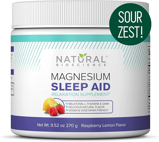 Magnesium Sleep Night Time Powder - Magnesium Citrate, Magnesium Glycinate with Melatonin, L-Theanine and GABA Sleep Aid, Natural Sleep Supplement, Vegan, Gluten-Free, Raspberry Lemon Flavor