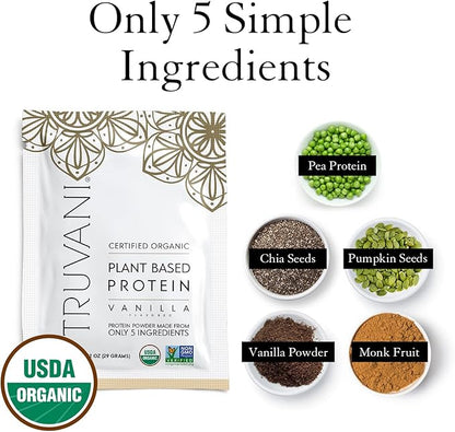 Truvani Vegan Pea Protein Powder | Vanilla | 20g Organic Plant Based Protein | 10 Travel Packets | Keto | Gluten & Dairy Free | Low Carb | No Added Sugar