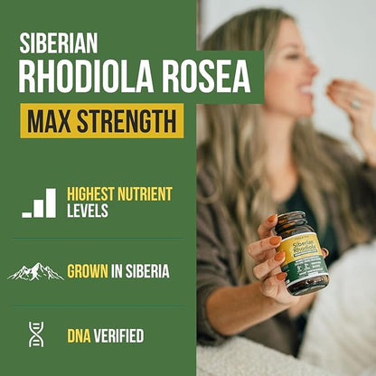 Siberian Rhodiola® Max Strength Rhodiola Rosea - 5% Rosavins, 2% Salidroside - BioPerine® Absorption Enhancement, Grown in Siberia, DNA Verified - Reduce Stress, Enhance Energy & Cognition*(60 Count)