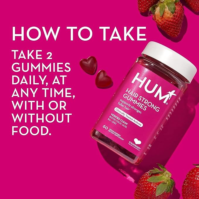 HUM Hair Strong - Daily Gummies with Biotin to Improve Hair Growth - Fo Ti, Folic Acid, Zinc, Vitamin B12 & PABA to Support Healthy Hair, Skin and Nails for Women and Men (60-Count)