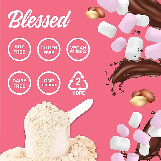 BLESSED Vegan Protein Powder - Plant Based Protein Powder Meal Replacement Protein Shake, 23g of Pea Protein Powder, Dairy Free, Gluten Free, Soy Free, No Sugar Added, 30 Servings (Rocky Road)